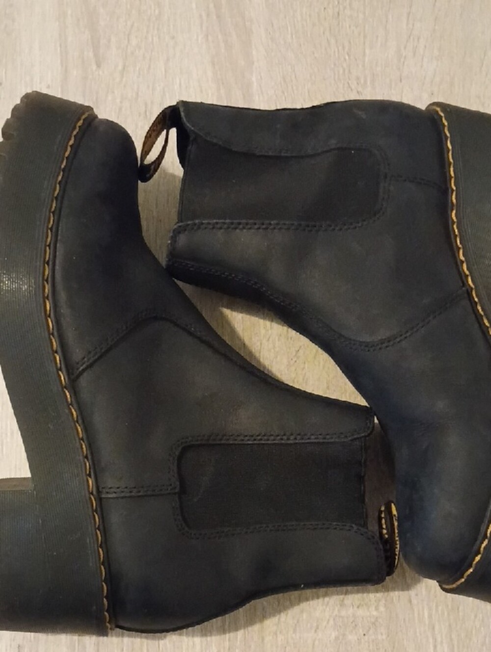 Dr. Martens Black Suede Chelsea Platform Boots with Yellow Stitching - Picture 3 of 5